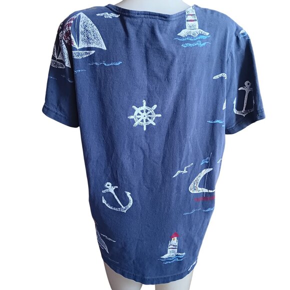 Vintage Large Women's T-shirt 80's Nautical-Themed Blue Lighthouse Anchors AOP - Picture 5 of 7